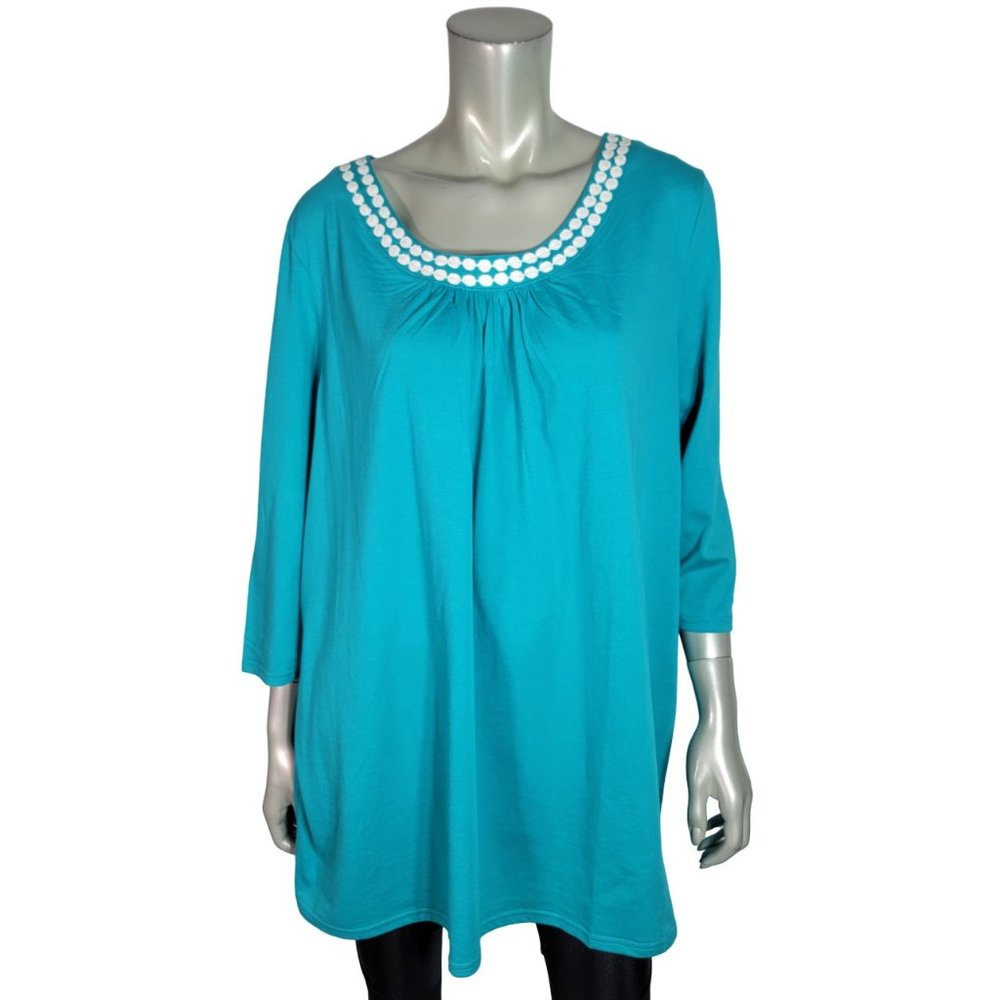Woman Within Tunic Top Plus Size 1X Cotton Blend 3/4 Sleeve Stretch Casual Blue